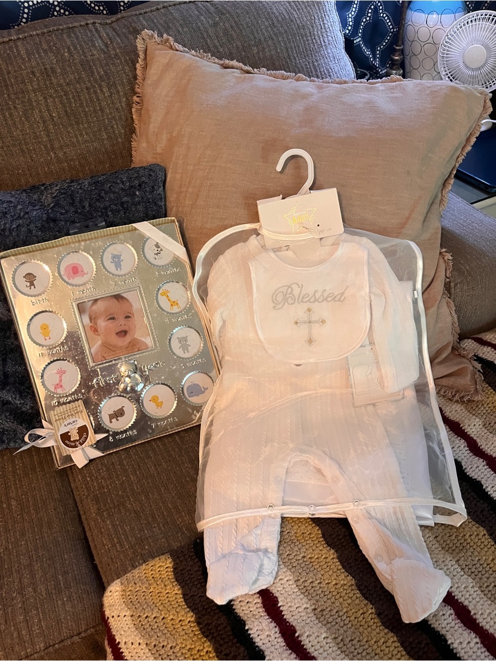 Baby 3pc Christening Onezie with 'Blessed' Bib - White Throw blanket w/ frame